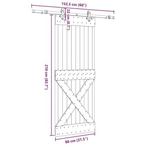 Klizna vrata s priborom za montažu 80 x 210 cm masivna borovina - 80 x 210 cm (152.5 cm) 1 križni dizajn Cijena