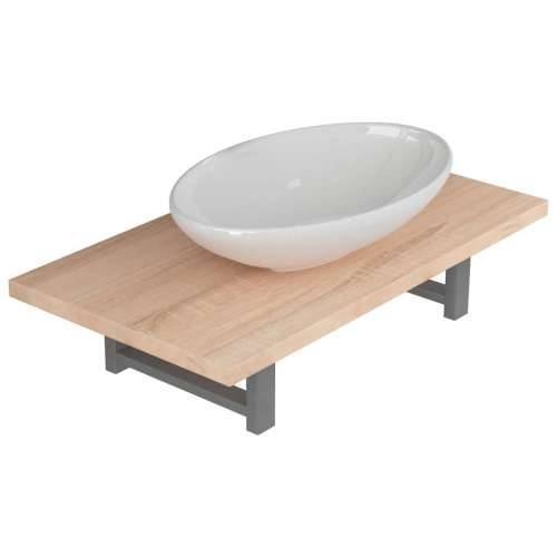 Dvodijelni set kupaonskog namještaja keramički boja hrasta Smeđa polica od 60 cm i ovalni umivaonik od 40 cm 1 Cijena