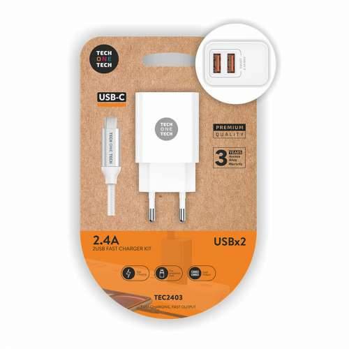 Zidni Punjač + USB-C Kabel Tech One Tech TEC2403 Bijela Dvostruki Cijena