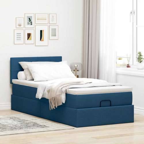 Otomanski krevet s madracem i LED plavi 90x200 cm tkanine - Plava 90 x 200 cm Blok s kvadratima Cijena