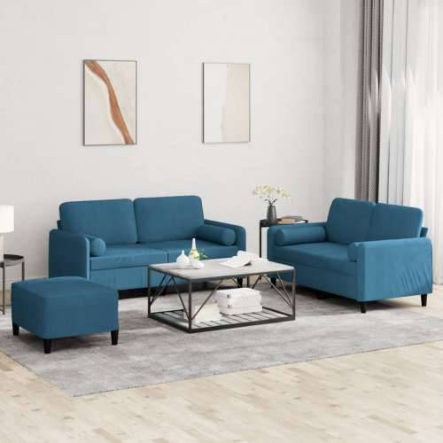 3-dijelni set sofa s jastucima plavi baršunasti - Plava s jastucima i tabureom Cijena