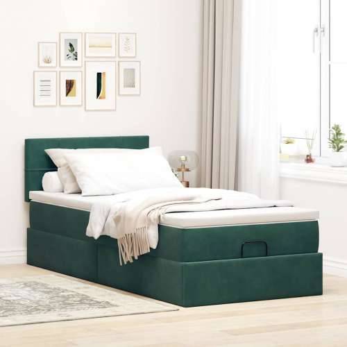 Otomanski krevet s madracem i LED tamnozeleni 90x200 cm baršun - Tamnozelena 90 x 200 cm Blok s kvadratima Cijena