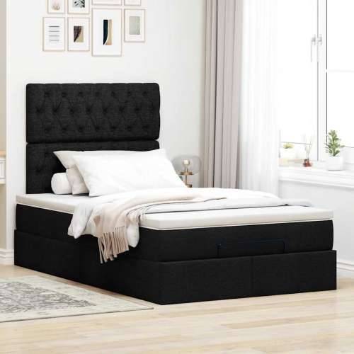 Otomanski krevet madracem i LED crna 120x190 cm tkanina - Crna 120 x 190 cm Dizajn s gumbima Cijena