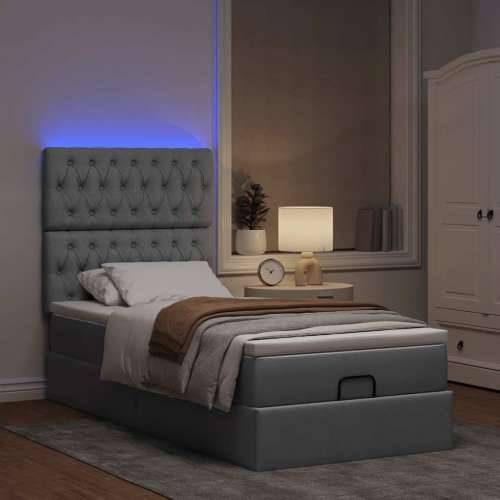 Otomanski krevet s madracem&LED svijetlosivi 90x200 cm tkanine - Svjetlosiva 90 x 200 cm Dizajn s gumbima Cijena