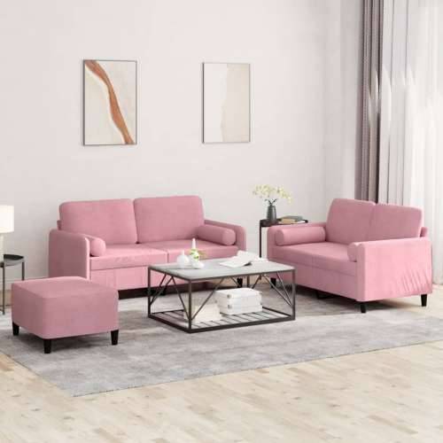 3-dijelni set sofa s jastucima ružičasti baršunasti - Ružičasta s jastucima i tabureom Cijena