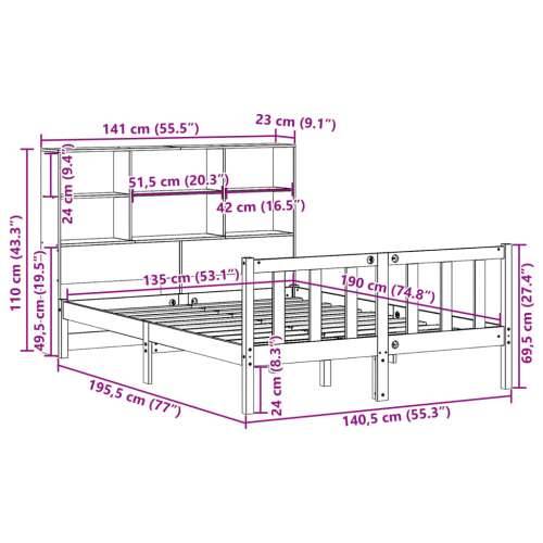 Krevet s regalom za knjige bez madraca 135x190 cm od borovine - Prirodna 135 x 190 cm Cijena