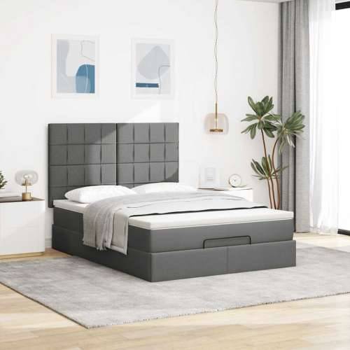 Otomanski krevet s madracem tamnosivi 140x200 cm tkanine - Tamno siva 140 x 200 cm Blok s kvadratima Cijena