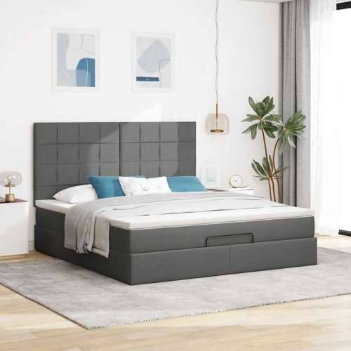 Otomanski krevet s madracem i LED tamnosivi 160x200cm tkanine - Tamno siva 160 x 200 cm Blok s kvadratima Cijena