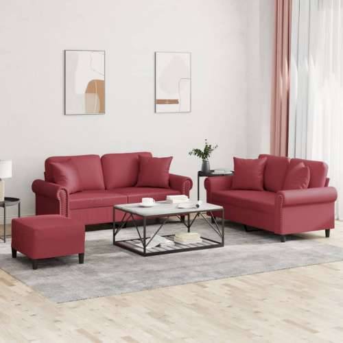 3-dijelni set sofa s jastucima boja vina od umjetne kože - boja crnog vina s jastucima i tabureom Cijena