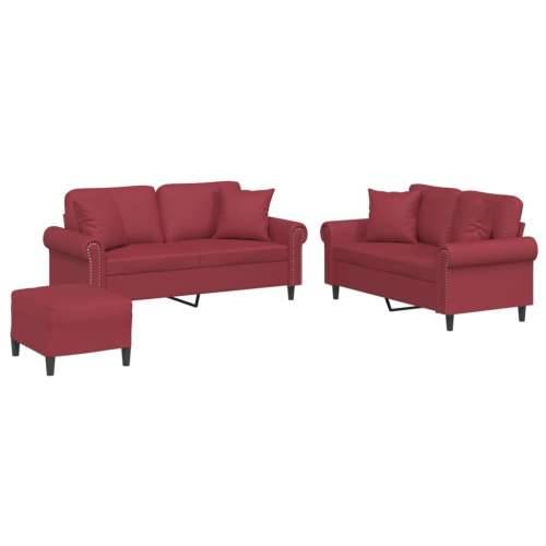 3-dijelni set sofa s jastucima boja vina od umjetne kože - boja crnog vina s jastucima i tabureom Cijena