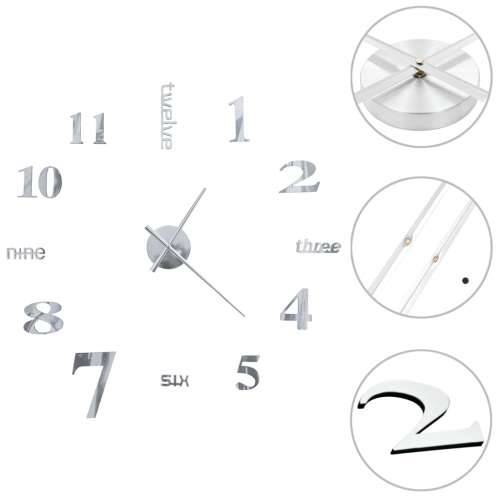 3D zidni sat moderni dizajn 100 cm XXL srebrni