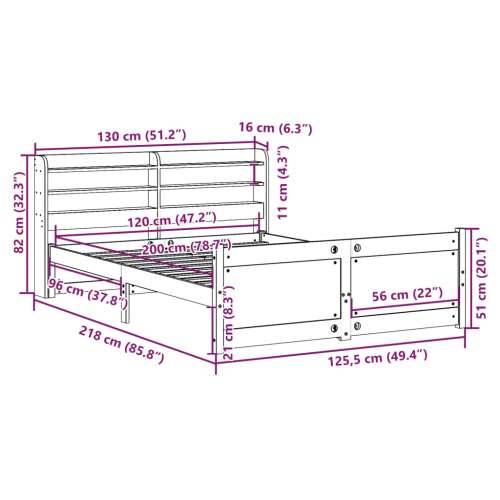 Okvir za krevet s uzglavljem 120 x 200 cm od masivne borovine - Smeđa 120 x 200 cm Cijena