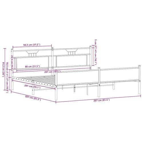 Metalni okvir kreveta bez madraca boja hrasta 200x200 cm - Dimljeni hrast 200 x 200 cm s uzglavljem i visokim podnožjem Cijena