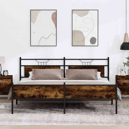 Metalni okvir kreveta bez madraca boja hrasta 193x203 cm - Dimljeni hrast 193 x 203 cm s uzglavljem i visokim podnožjem Cijena