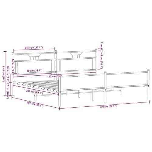 Metalni okvir kreveta bez madraca boja hrasta 193x203 cm - Dimljeni hrast 193 x 203 cm s uzglavljem i visokim podnožjem Cijena