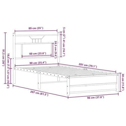 Okvir kreveta bez madraca dimljena boja hrasta 90x200 cm drveni - Dimljeni hrast 90 x 200 cm s uzglavljem i dvostrukim niskim po Cijena
