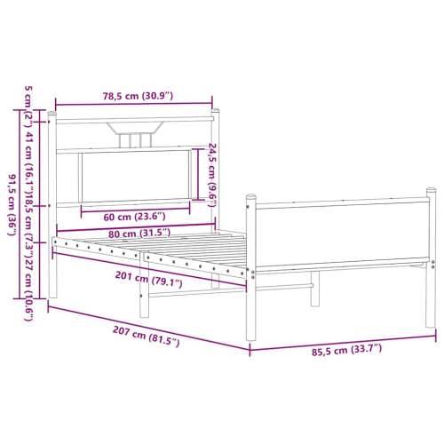 Okvir kreveta bez madraca dimljena boja hrasta 80x200 cm drveni - Dimljeni hrast 80 x 200 cm s uzglavljem i visokim podnožjem Cijena