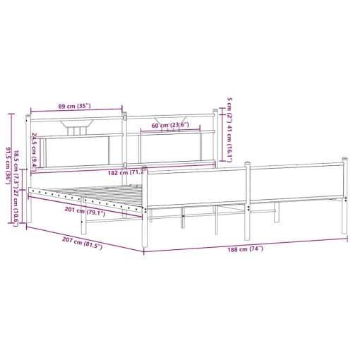 Metalni okvir kreveta bez madraca boja hrasta 180x200 cm - Dimljeni hrast 180 x 200 cm s uzglavljem i visokim podnožjem Cijena