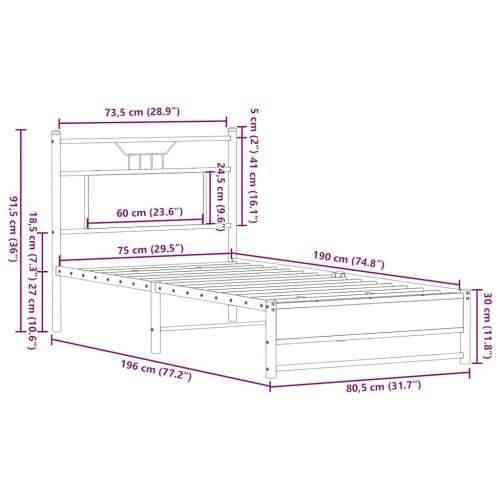 Okvir kreveta bez madraca dimljena boja hrasta 75x190 cm drveni - Dimljeni hrast 75 x 190 cm s uzglavljem i dvostrukim niskim po Cijena