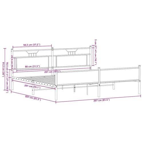 Metalni okvir kreveta bez madraca boja hrasta sonome 200x200 cm - sonoma hrast 200 x 200 cm s uzglavljem i visokim podnožjem Cijena