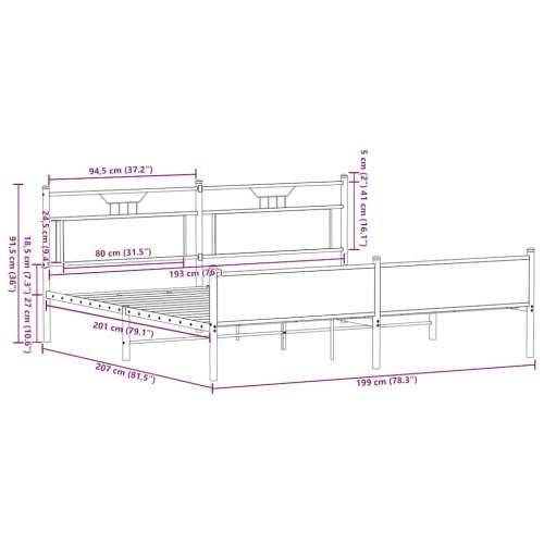 Metalni okvir kreveta bez madraca boja hrasta sonome 193x203 cm - sonoma hrast 193 x 203 cm s uzglavljem i visokim podnožjem Cijena
