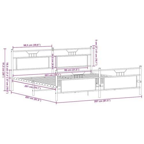 Metalni okvir kreveta bez madraca boja hrasta 200x200 cm - Dimljeni hrast 200 x 200 cm s uzglavljem i podnožjem Cijena