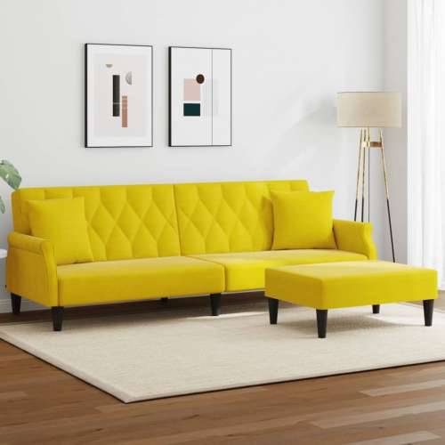 Sofa na razvlačenje s 2 sjedala s jastucima i stolicom za noge - Žuta Cijena