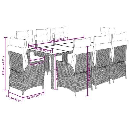 Vrtna garnitura - 9-dijelni vrtni blagovaonski set sivi od poliratana - Siva 190 x 90 x 75 cm Sa naslonom za noge 8 Cijena