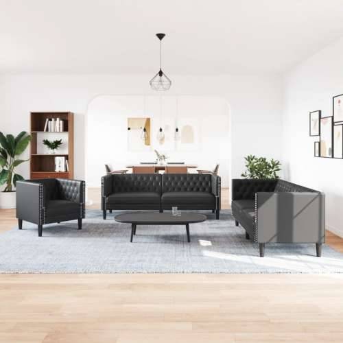 3-dijelna sofa Chesterfield crna umjetna koža - Crna Fotelja + dvosjed + trosjed Cijena