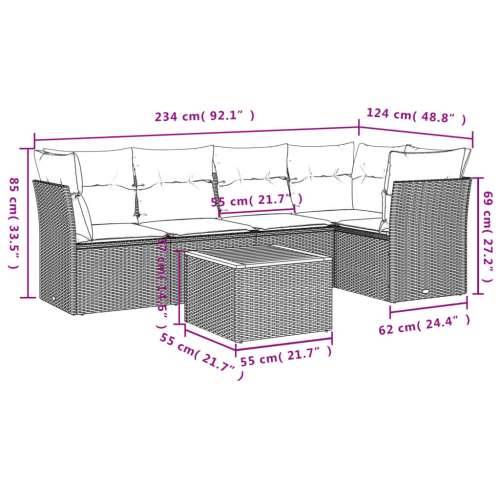 Vrtna garnitura - 6-dijelni set vrtnih sofa od poliratana s jastucima sivi - Siva 3x kutna + 2x srednja + stol 1 Cijena