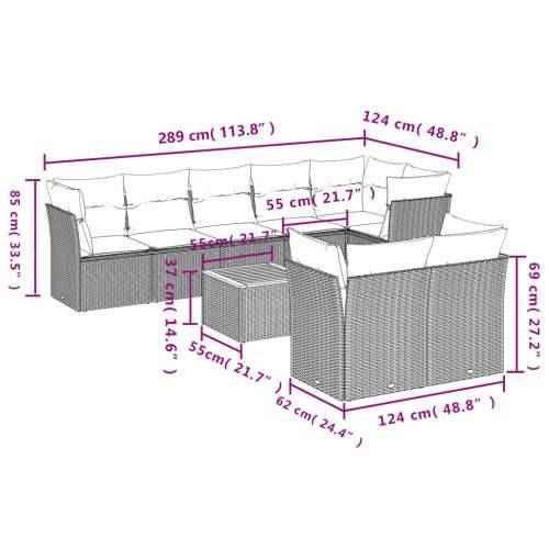 Vrtna garnitura - 9-dijelni set vrtnih sofa od poliratana s jastucima sivi - Siva 5x kutna + 3x srednja + stol 1 Cijena