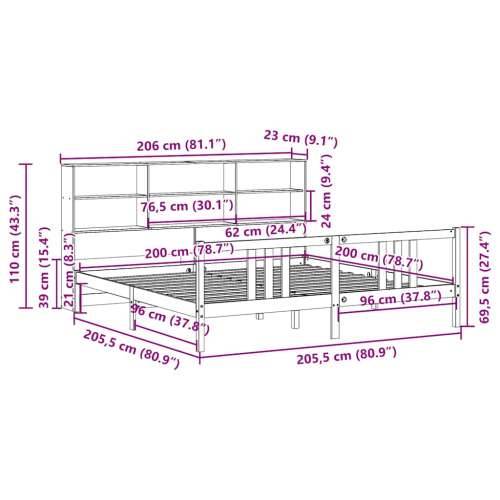 Krevet s regalom za knjige bez madraca 200 x 200 cm od borovine - Prirodna 200 x 200 cm Cijena