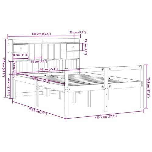 Krevet s regalom za knjige bez madraca 140x190 cm od borovine - Prirodna 140 x 190 cm Cijena