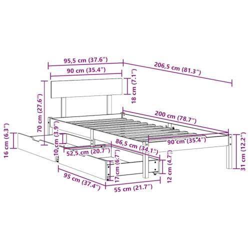 Okvir kreveta bez madraca 90 x 200 cm od masivne borovine - Prirodna 90 x 200 cm Cijena