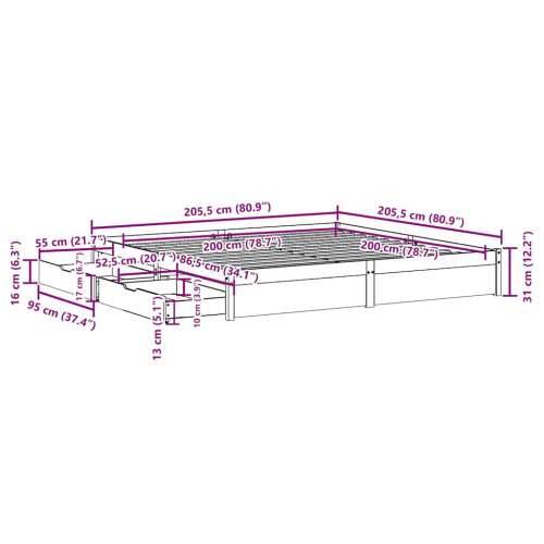 Okvir kreveta bez madraca 200 x 200 cm od masivne borovine - Prirodna 200 x 200 cm Cijena