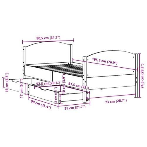 Okvir kreveta bez madraca 75 x 190 cm od masivne borovine - Prirodna 75 x 190 cm Cijena