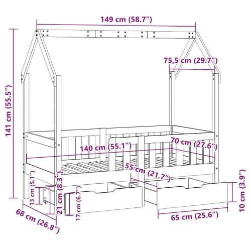 Okvir dječjeg kreveta s ladicama bez madraca 70x140 cm od drva - Bijela 70 x 140 cm Cijena