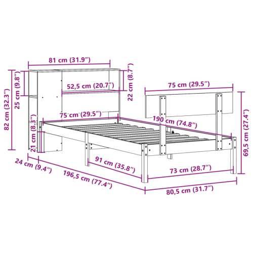 Krevet s regalom za knjige bez madraca bijeli 75x190cm borovina - Bijela 75 x 190 cm Cijena
