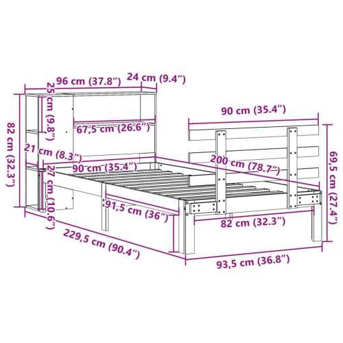 Krevet s regalom za knjige bez madraca 90x200 cm od borovine - Prirodna 90 x 200 cm Cijena