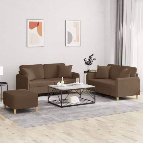 3-dijelni set sofa s jastucima smeđi od tkanine - Smeđa s jastucima i tabureom Cijena