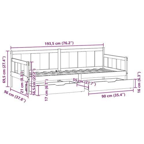 Dnevni krevet s ladicama bez madraca 90 x 190 cm masivno drvo - Prirodna 90 x 190 cm Cijena