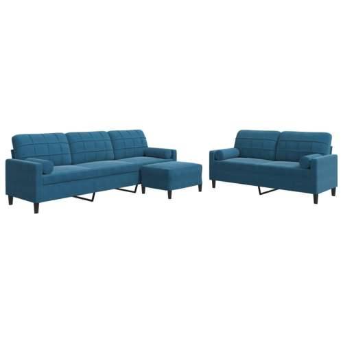 3-dijelni set sofa s jastucima plavi baršunasti - Plava s jastucima i tabureom Cijena