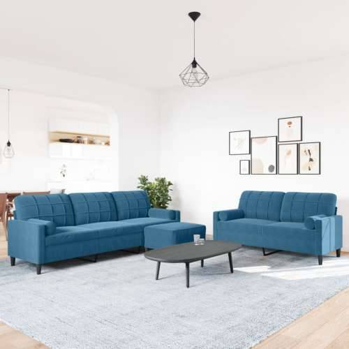 3-dijelni set sofa s jastucima plavi baršunasti - Plava s jastucima i tabureom Cijena