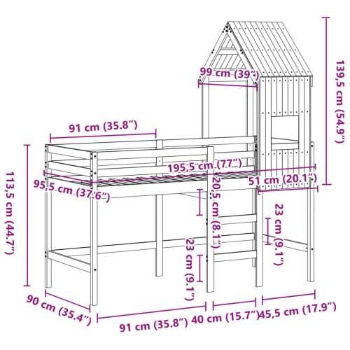 Krevet na kat s ljestvama i krovom 90x190 cm od borovine - Prirodna 90 x 190 cm Cijena