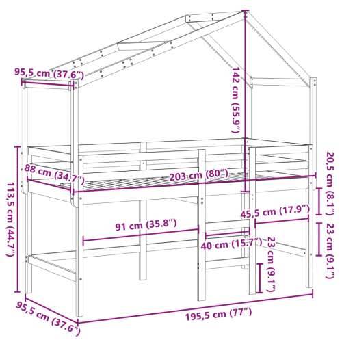 Krevet na kat s ljestvama i krovom 90x190 cm od borovine - Prirodna 90 x 190 cm Cijena