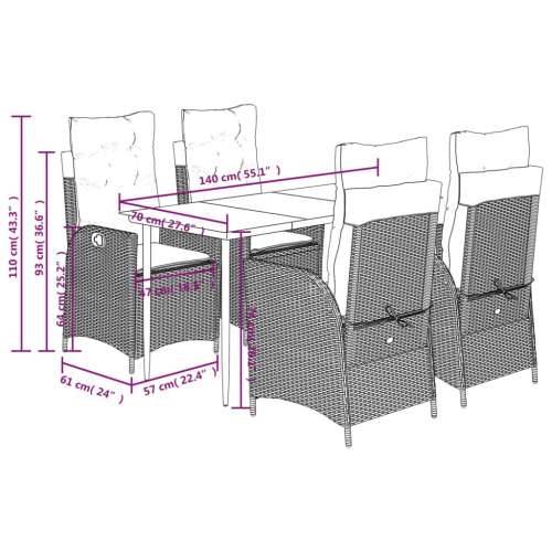 Vrtna garnitura - 5-dijelni vrtni blagovaonski set s jastucima od poliratana crni - Crna i krem 140 x 70 x 74 cm bez podignute n Cijena