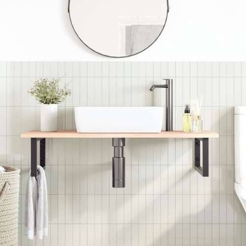 Zidna polica za Lavabo - Umivaonik od čelika i masivne hrastovine - Smeđa i crna 100 x 50 x 2 cm 1 Pravokutno Cijena