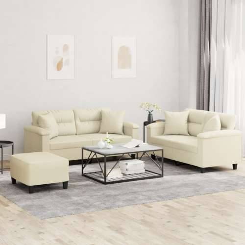 3-dijelni set sofa s jastucima krem od umjetne kože - Krema s jastucima i tabureom Cijena