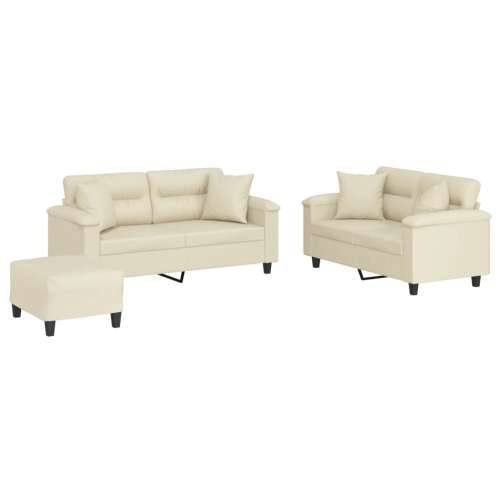 3-dijelni set sofa s jastucima krem od umjetne kože - Krema s jastucima i tabureom Cijena