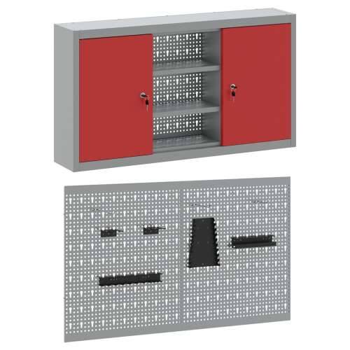 Set od 3 dijela ormarića za alate i ploča s kukama montiran na zid crvena metalna Cijena